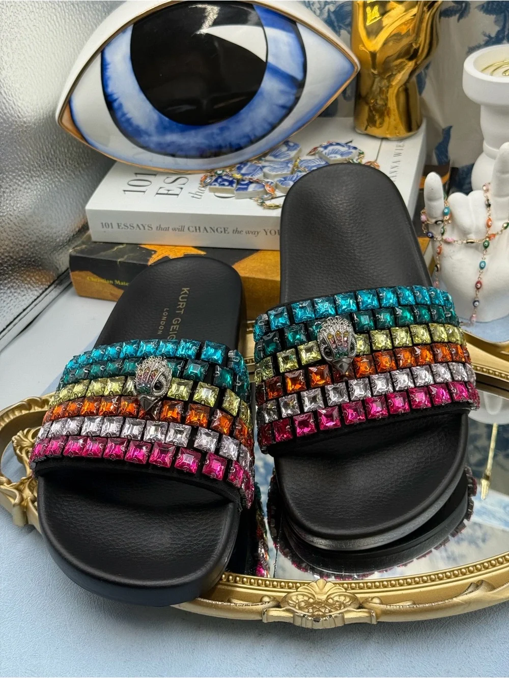 🧿🧿 KURT GEIGER LONDON Meena Eagle Jewel Crystal Studded Slide, Black Rainbow